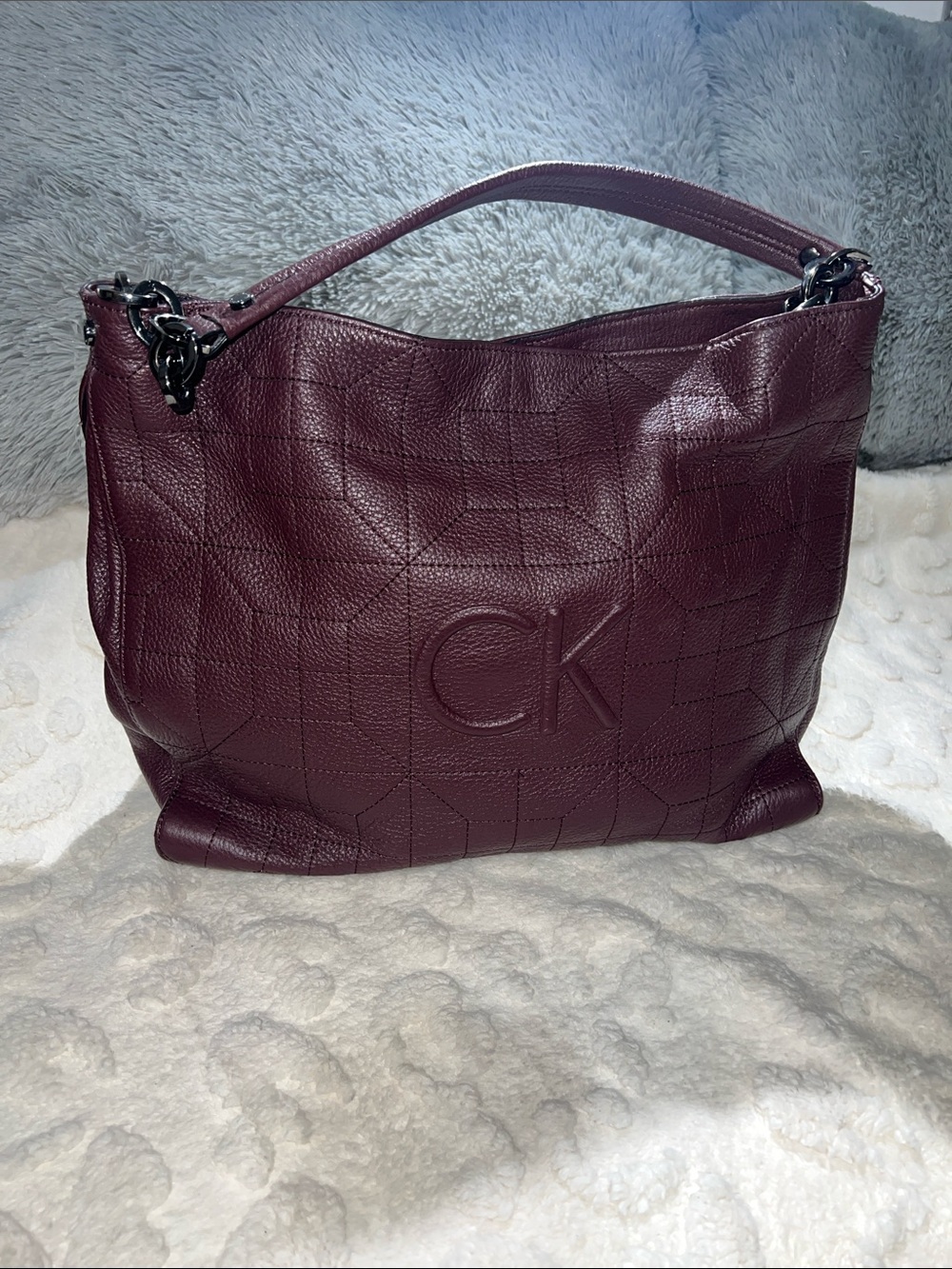 Calvin Klein Burgundy/ “Rum Raisin” Color Hera Quilted Leather Shoulder Hobo Bag